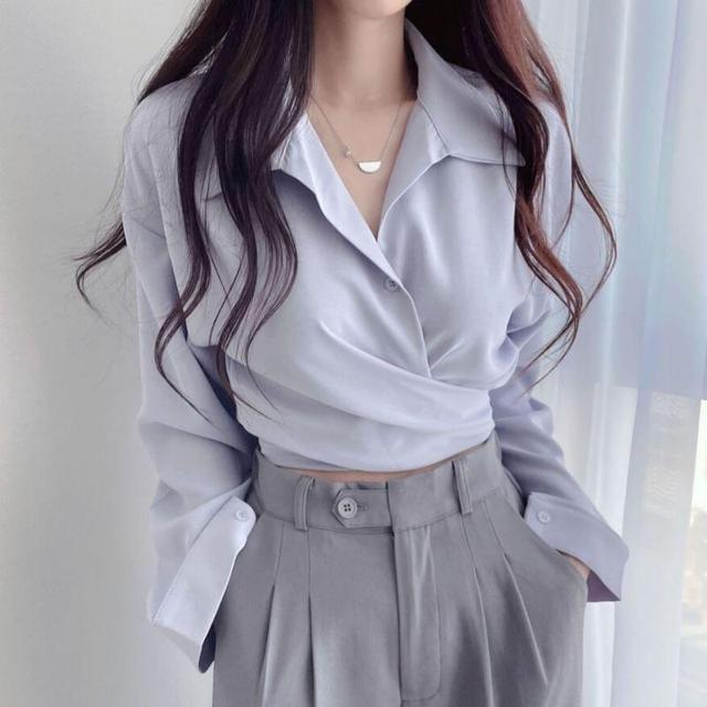 Long-Sleeve Plain Button-Up Wrap Crop Shirt Product Image