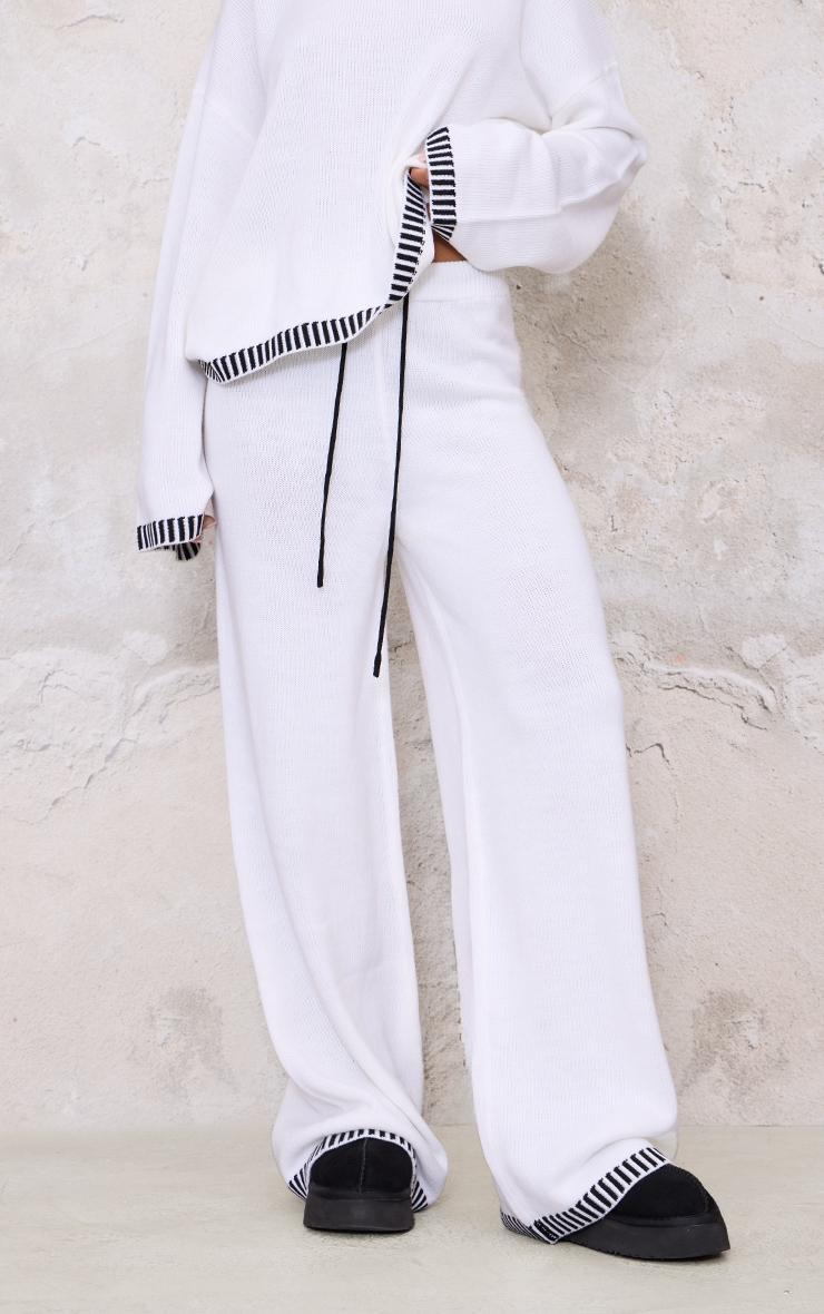 Cream Contrast Stitch Detail Knit Drawstring Waist Trousers Product Image