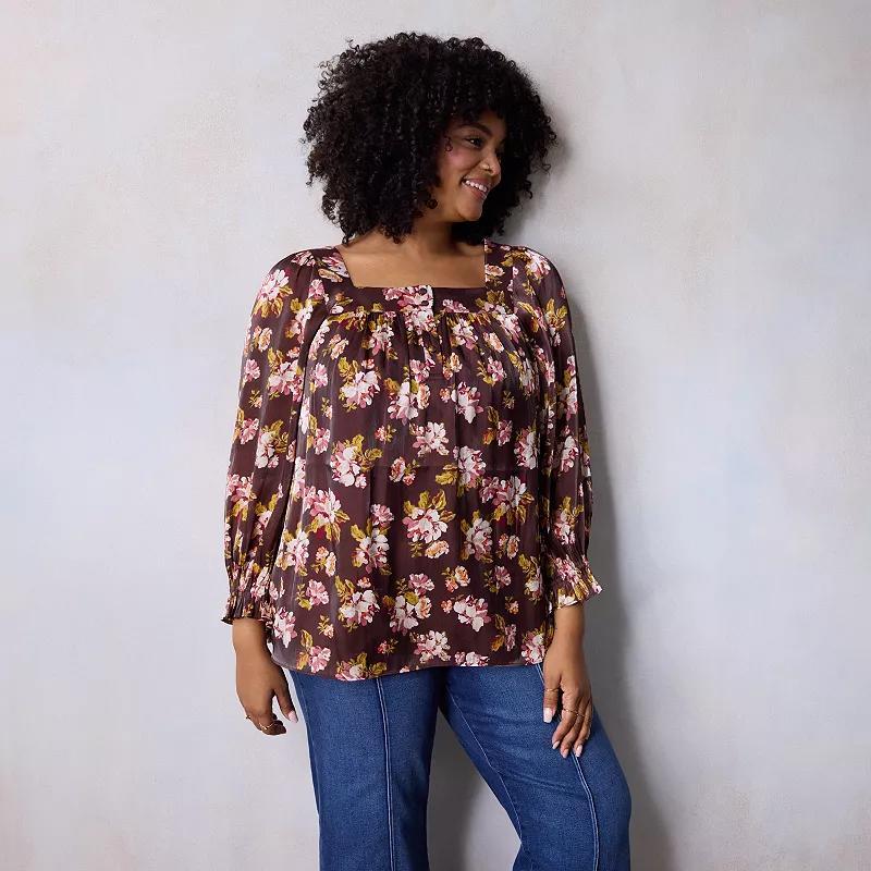 Plus Size LC Lauren Conrad Henley Puff Sleeve Peasant Top, Womens product image