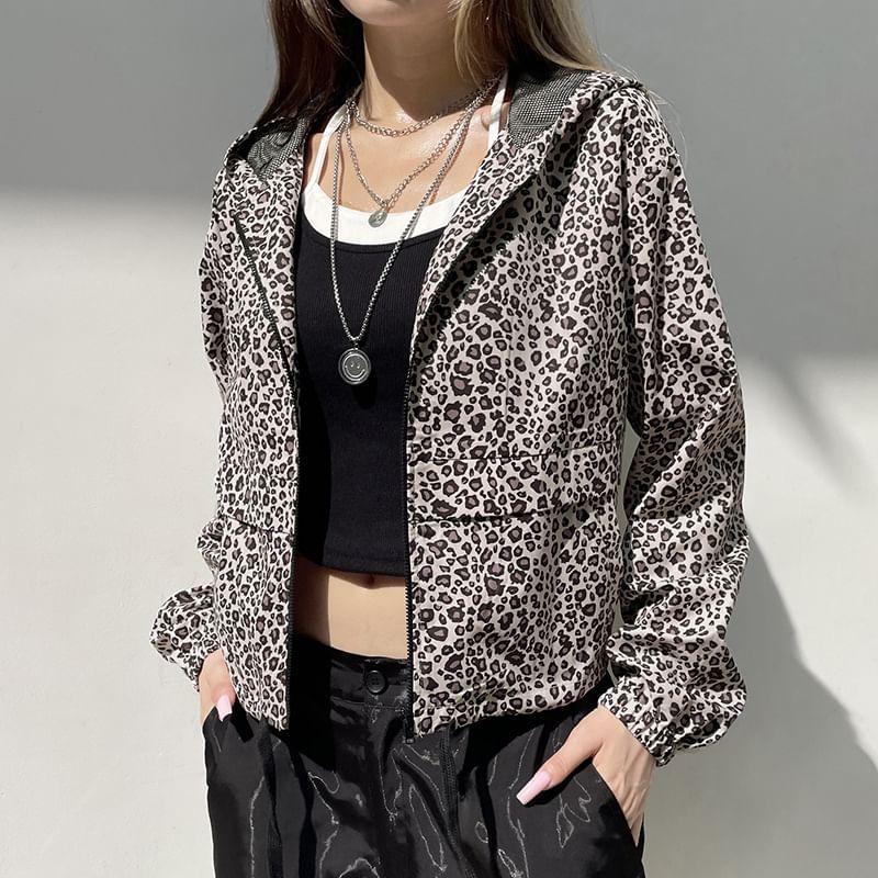 Leopard Print Hood Zip Jacket Product Image