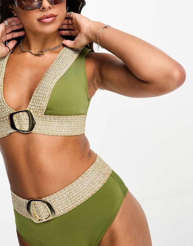 River Island plunge elastic bikini top in khaki Product Image