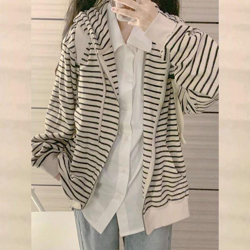 Striped Drawstring Zip Hoodie Product Image