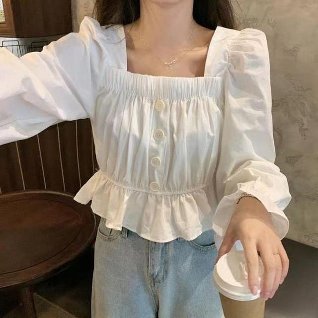 Puff-Sleeve Square Neck Plain Peplum Cropped Blouse Product Image