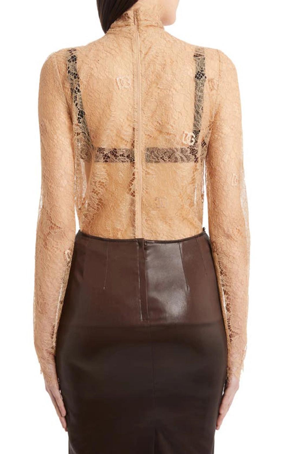 Sheer-lace High-neck Bouse In Nude & Neutrals Product Image