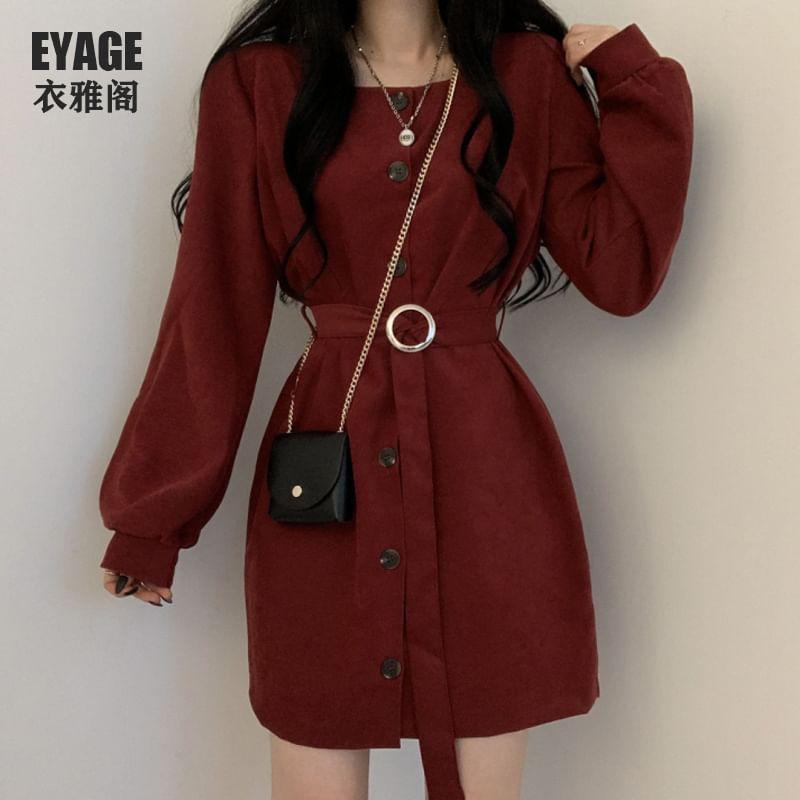 Long-Sleeve Square-Neck Plain Button-Up Mini A-Line Dress Product Image