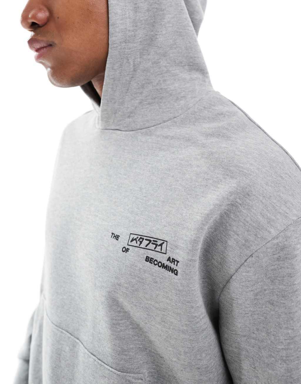 ASOS DESIGN boxy oversized hoodie with chest and back print in gray Product Image