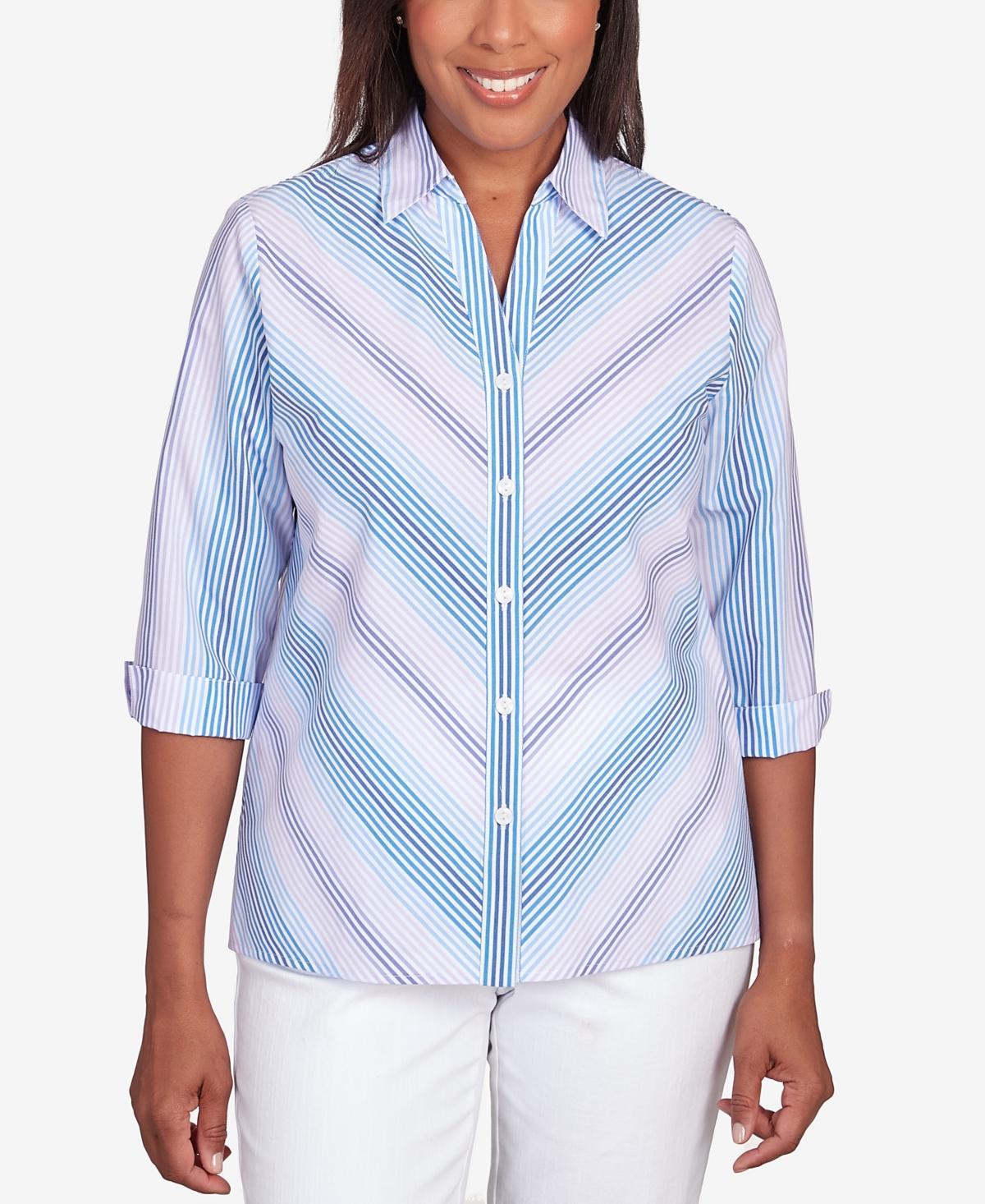 Petite Alfred Dunner Chevron Stripe Button Down Top, Womens Dark Blue Product Image