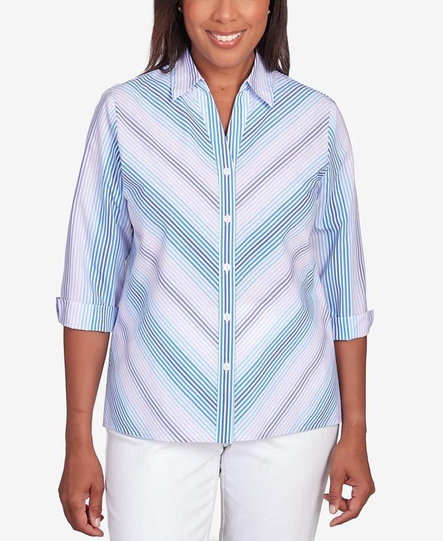 Alfred Dunner Womens Classic Neutrals Chevron Stripe Button Down Top - Black Product Image