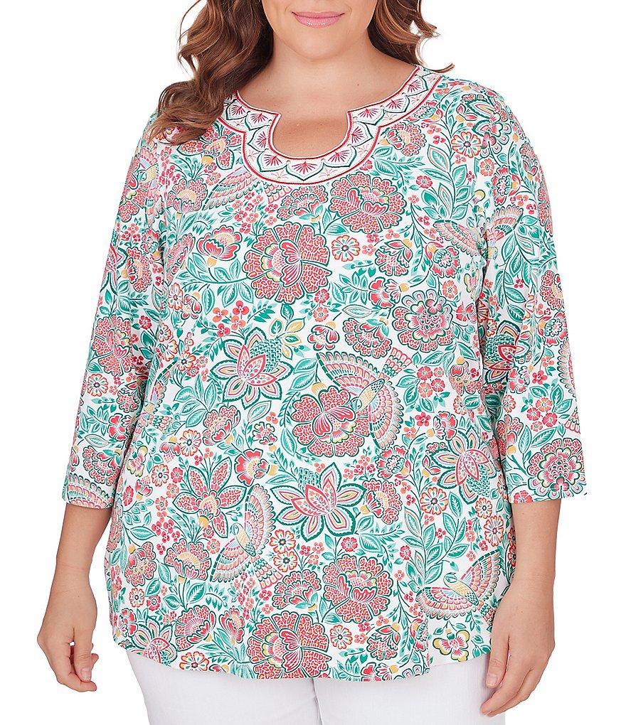 Ruby Rd. Plus Size Knit Embroidered Rainforest Parrot Floral Print Horseshoe Neck 3/4 Sleeve Top product image