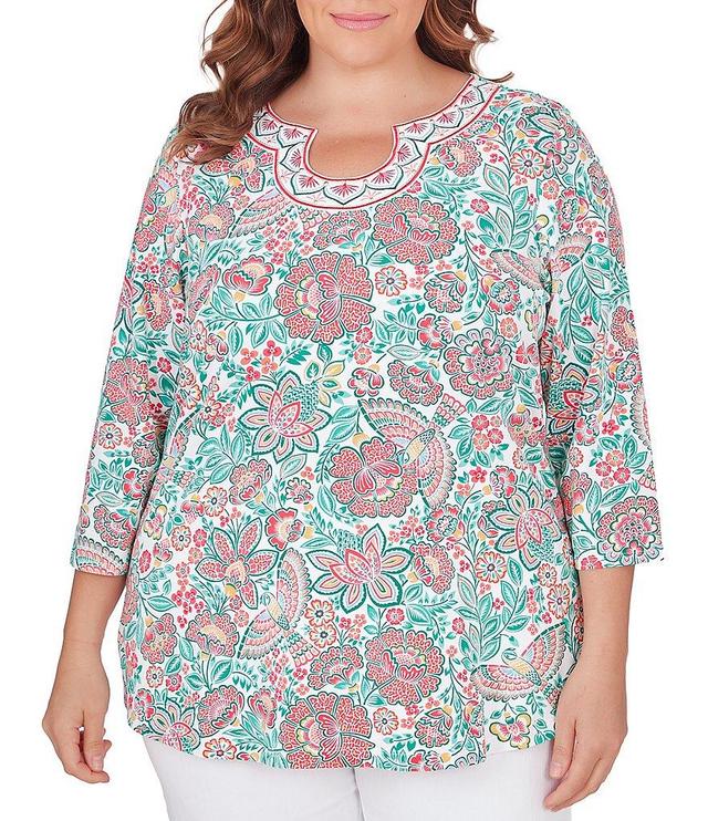 Ruby Rd. Plus Size Knit Embroidered Rainforest Parrot Floral Print Horseshoe Neck 3/4 Sleeve Top Product Image