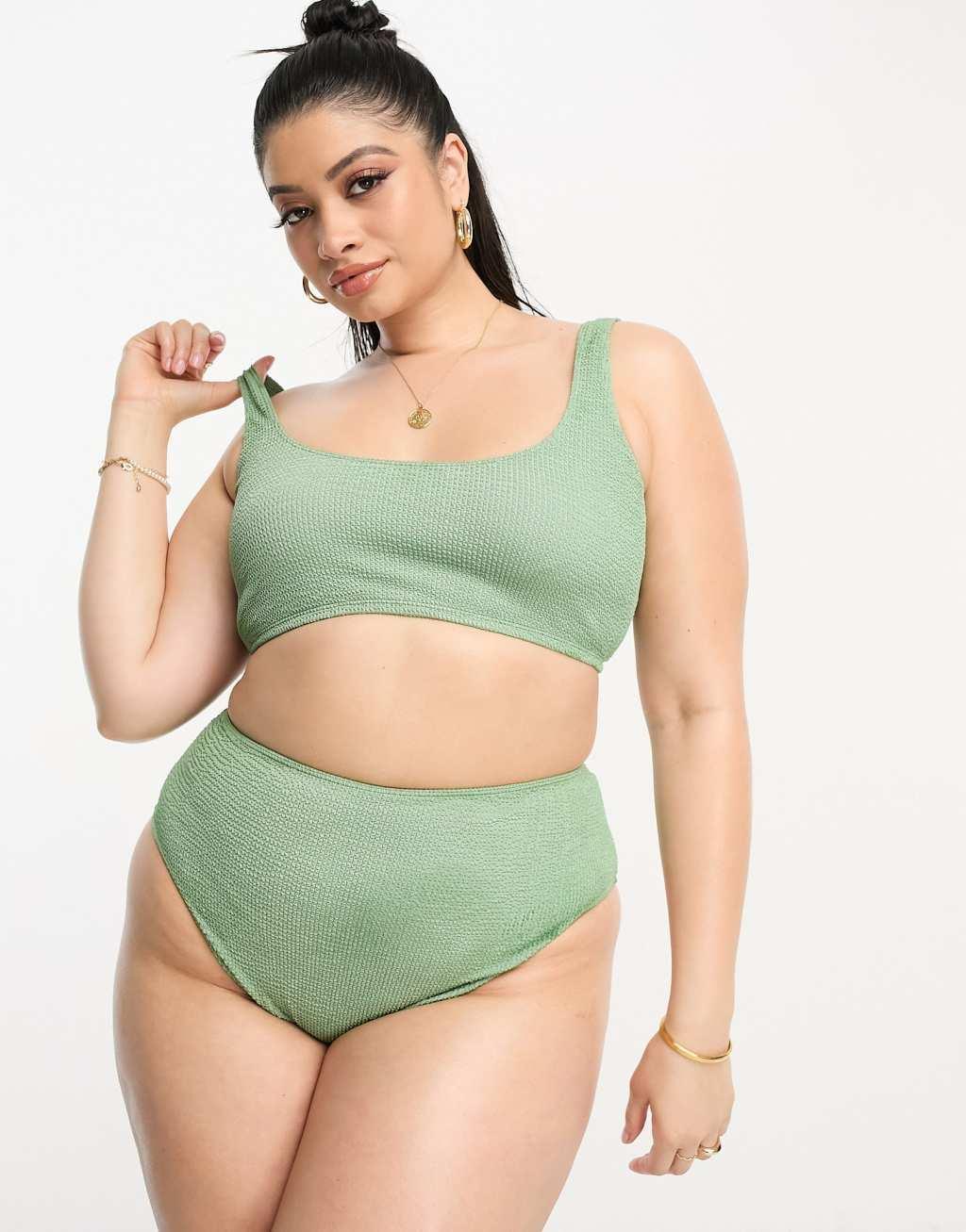 ASOS DESIGN Curve mix & match crinkle high leg high waist bikini bottoms in khaki Product Image