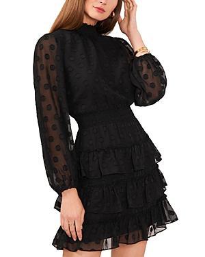 1.state Womens Dot Texture Balloon-Sleeve Ruffled Fit & Flare Dress Product Image