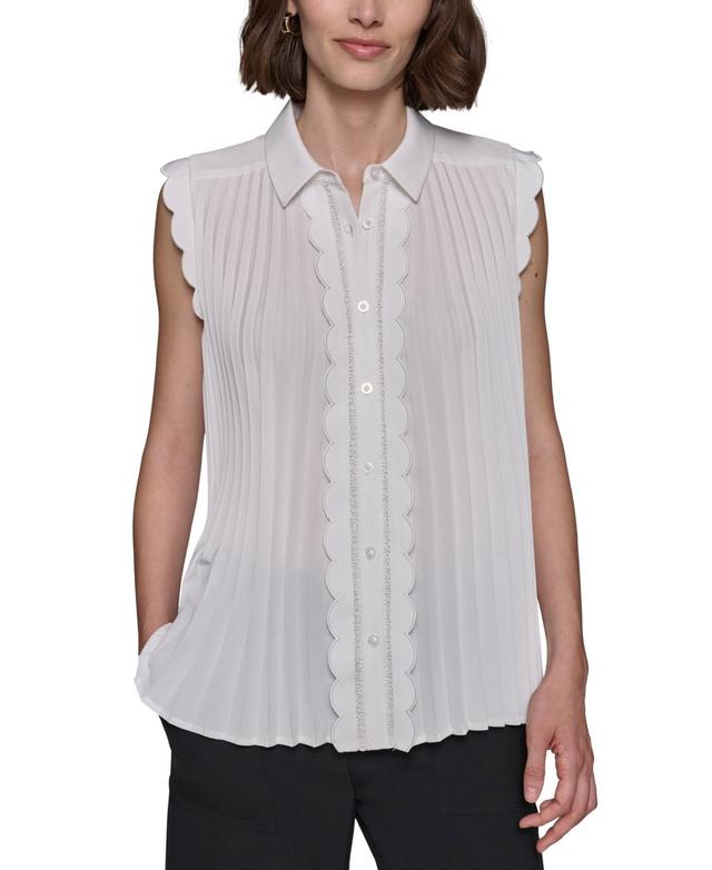 Karl Lagerfeld Paris Womens Scalloped Pleated Button-Down Top Product Image