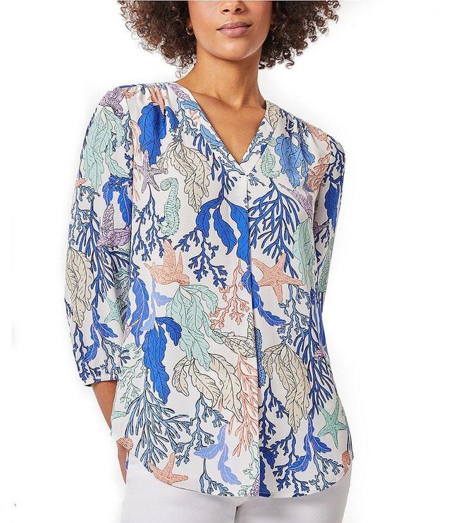 Jones New York Ocean Printed V-Neck 3/4 Sleeve Pleated Front Tunic Product Image