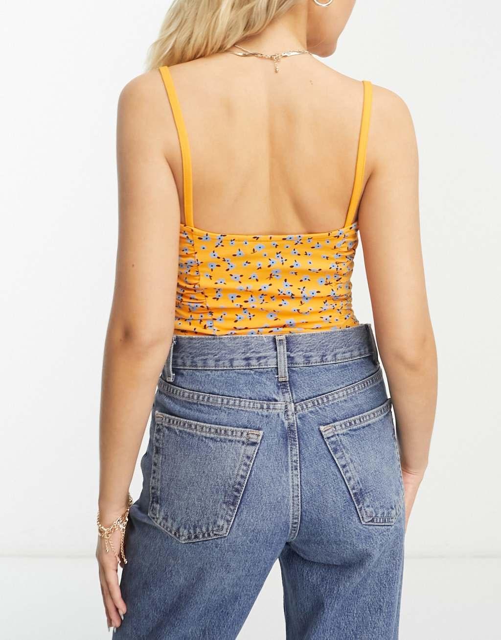 ASOS DESIGN cami top with ruched panels in orange floral ditsy print Product Image