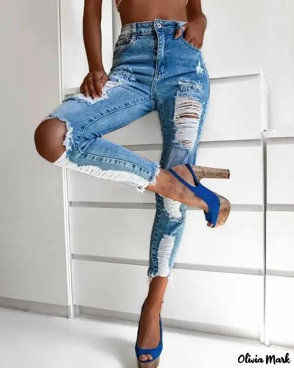 Olivia Mark – Raw Hem Ripped Skinny Jeans With Pocket And Zipper product image