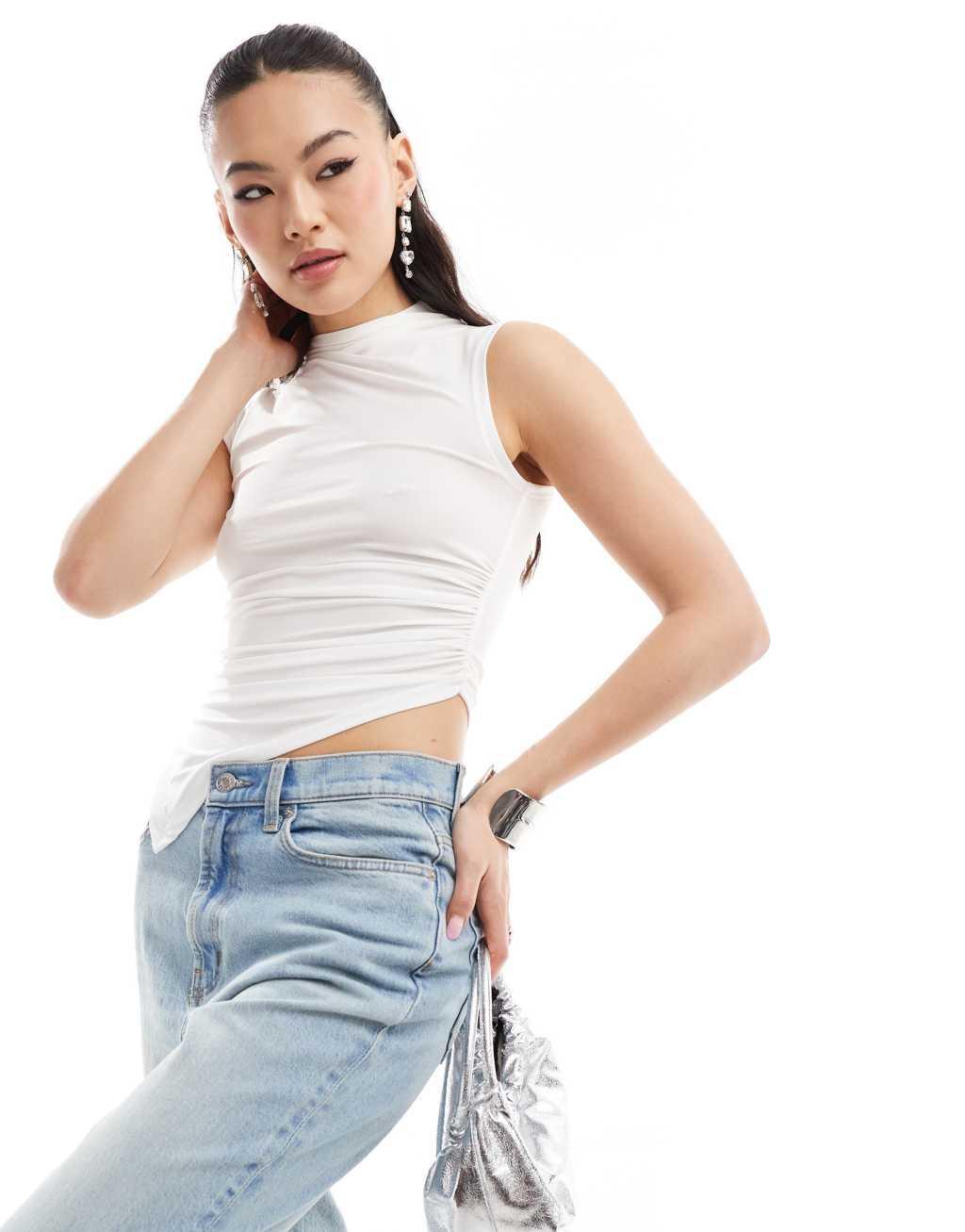 ASOS DESIGN grown on high neck gathered asymmetric hem top in ivory Product Image