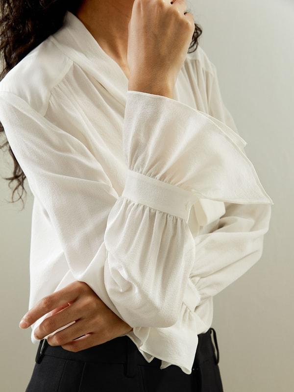 Silk V-neck Ribbon Blouse Product Image