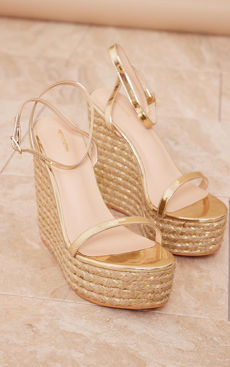 Gold PU Metallic Strap Espadrille High Heeled Wedges product image