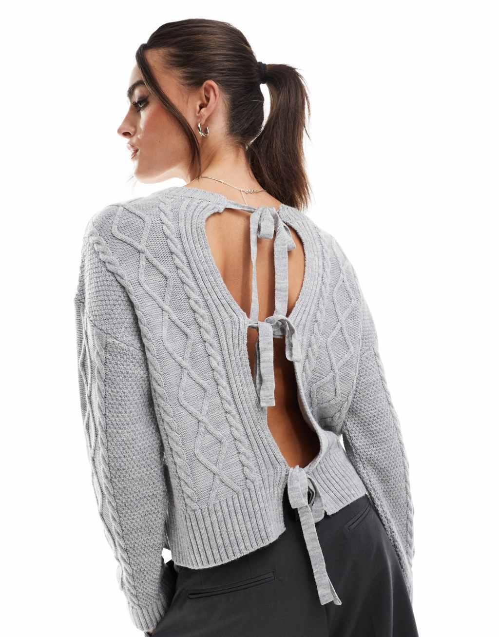 Stradivarius bow back cable knit sweater in gray Product Image