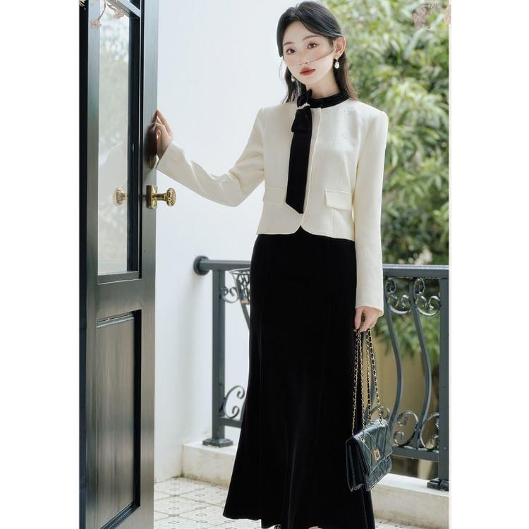 Set: Stand Collar Two Tone Jacket + Mid Waist Plain Midi A-Line Skirt Product Image