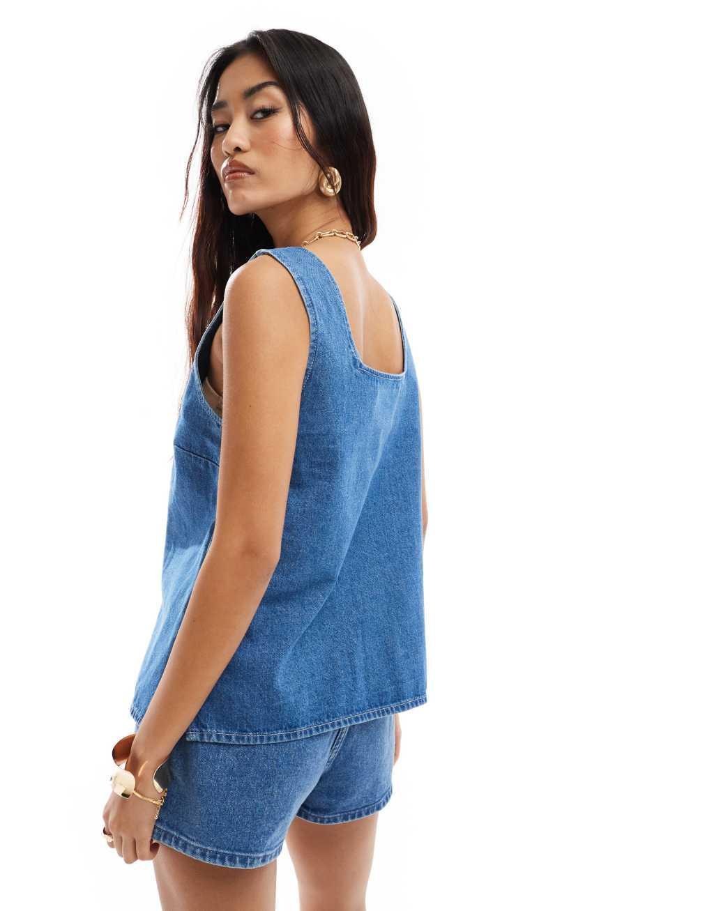 ASOS DESIGN denim long tank top in mid blue Product Image