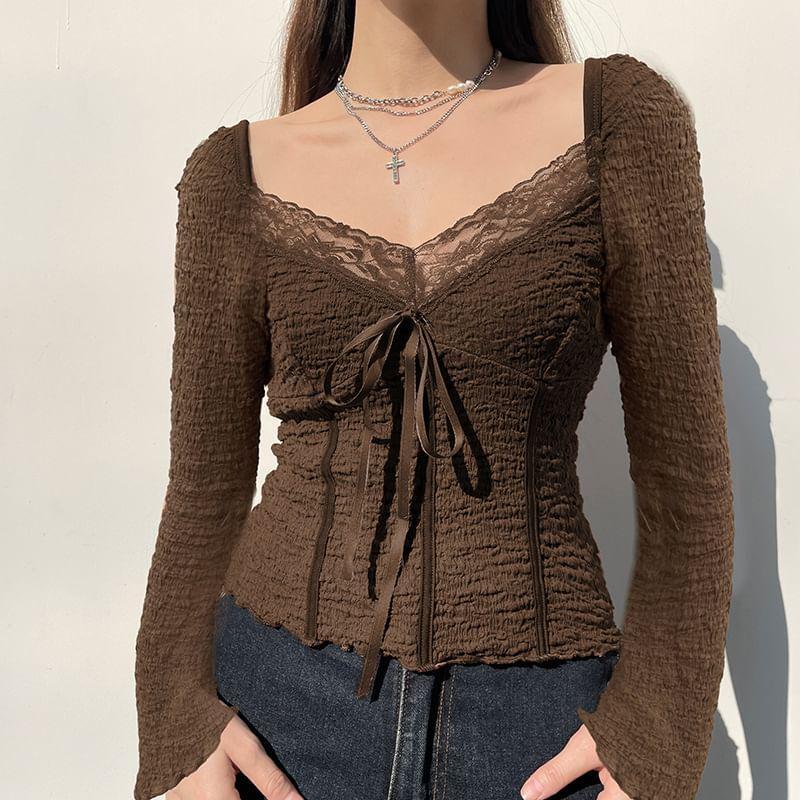 Long Sleeve V-Neck Plain Bow Panel Lace Top Product Image