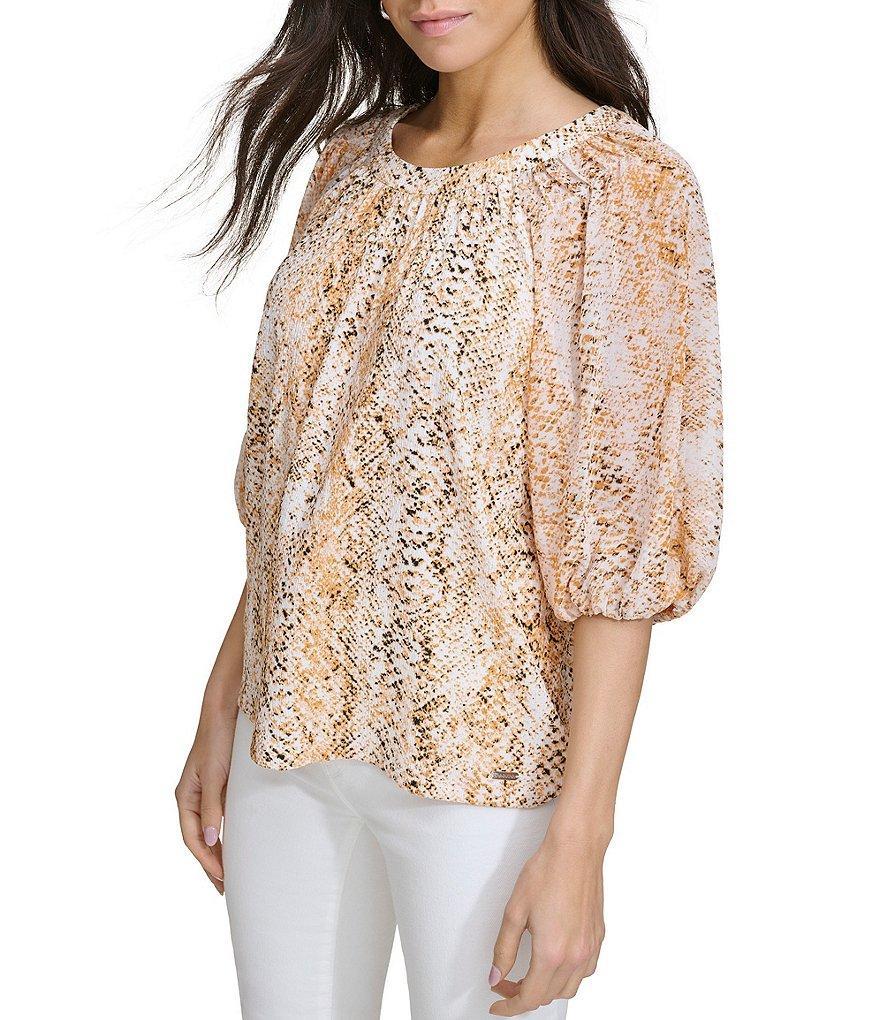 Calvin Klein Printed Crew Neck Elbow Length Sleeve Blouse Product Image