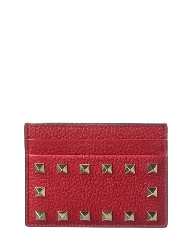 Rockstud Grainy Leather Card Holder In Red Product Image