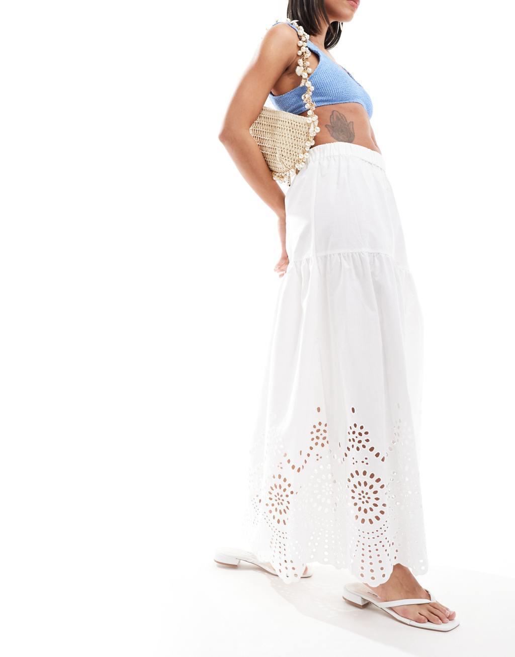 ONLY embroidered tiered maxi skirt in white  Product Image