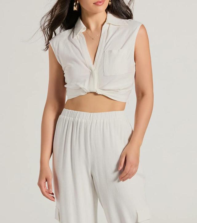 Breezy Mood Collared Linen Crop Top Product Image