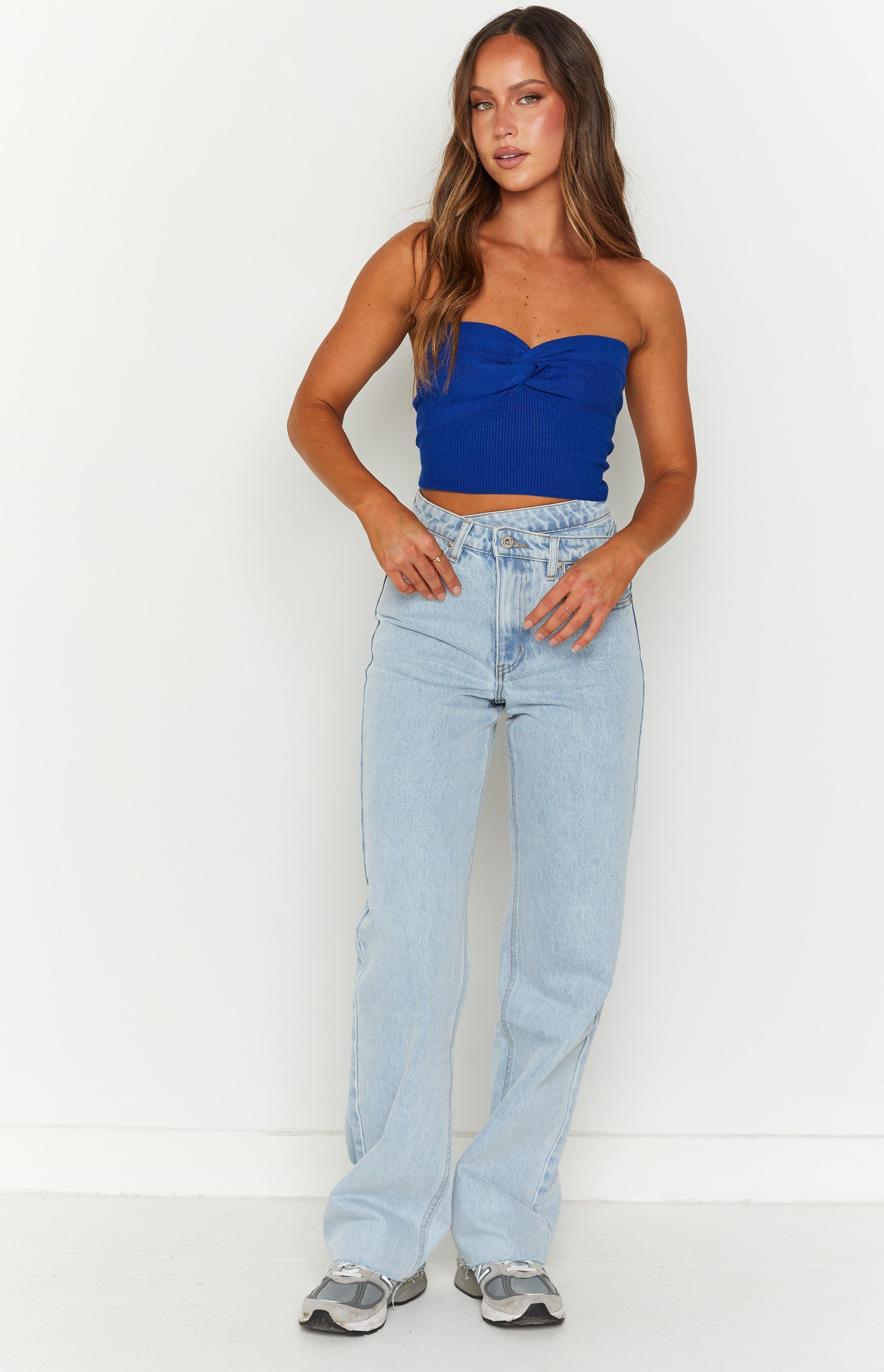 Kansis Light Blue Uneven Waist Jeans Product Image