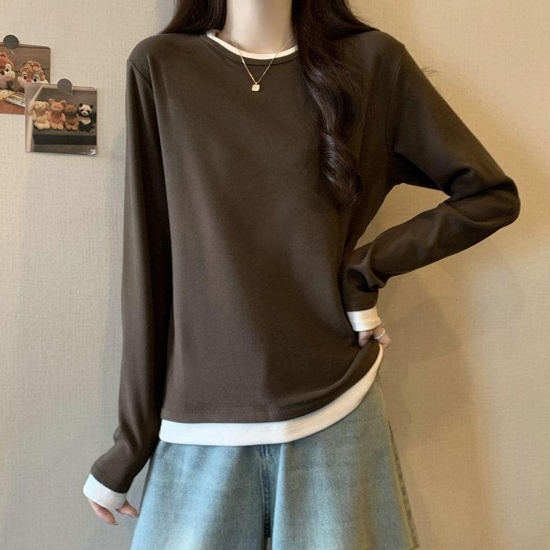 Long Sleeve Round Neck Mock Two Piece Tee Product Image