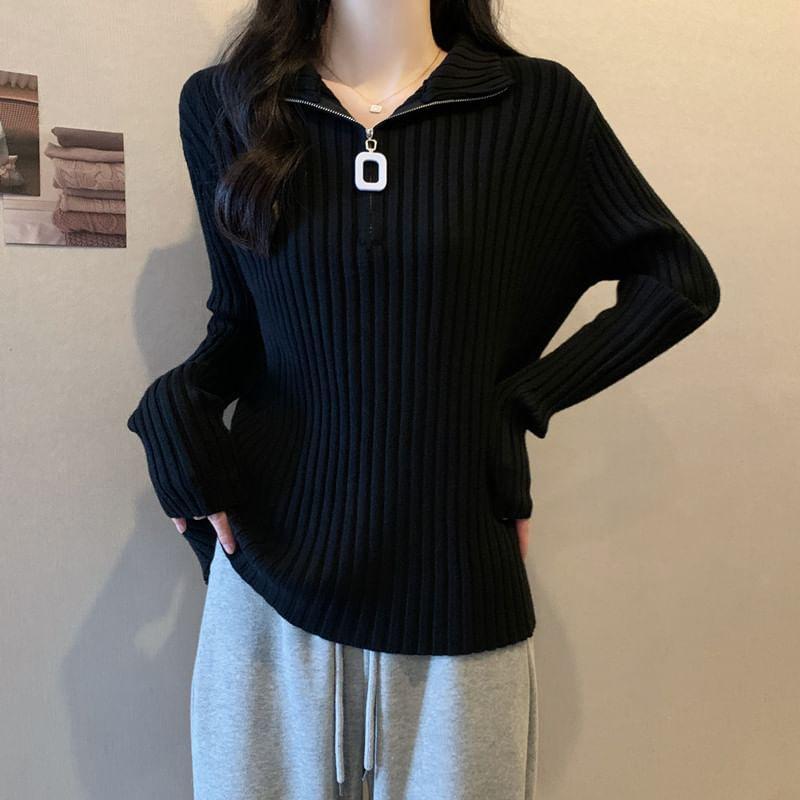 Long-Sleeve Collar Plain Half-Zip Ribbed Knit Top Product Image