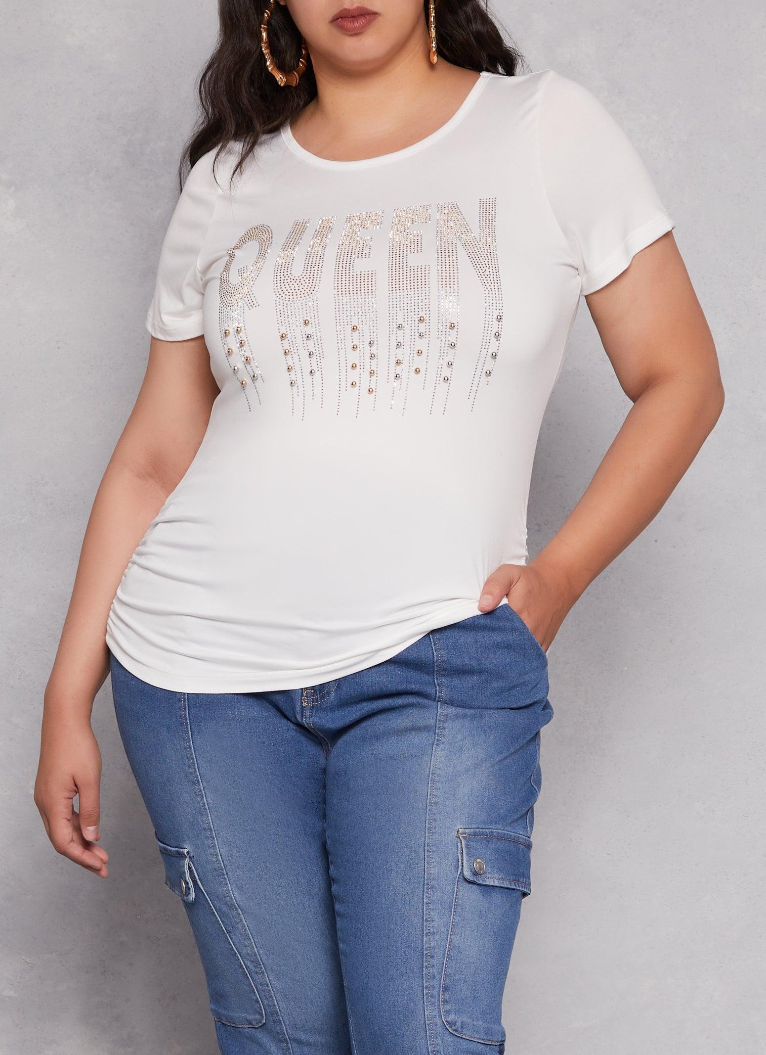 Womens Plus Size Queen Rhinestone Beaded Graphic Tee Product Image