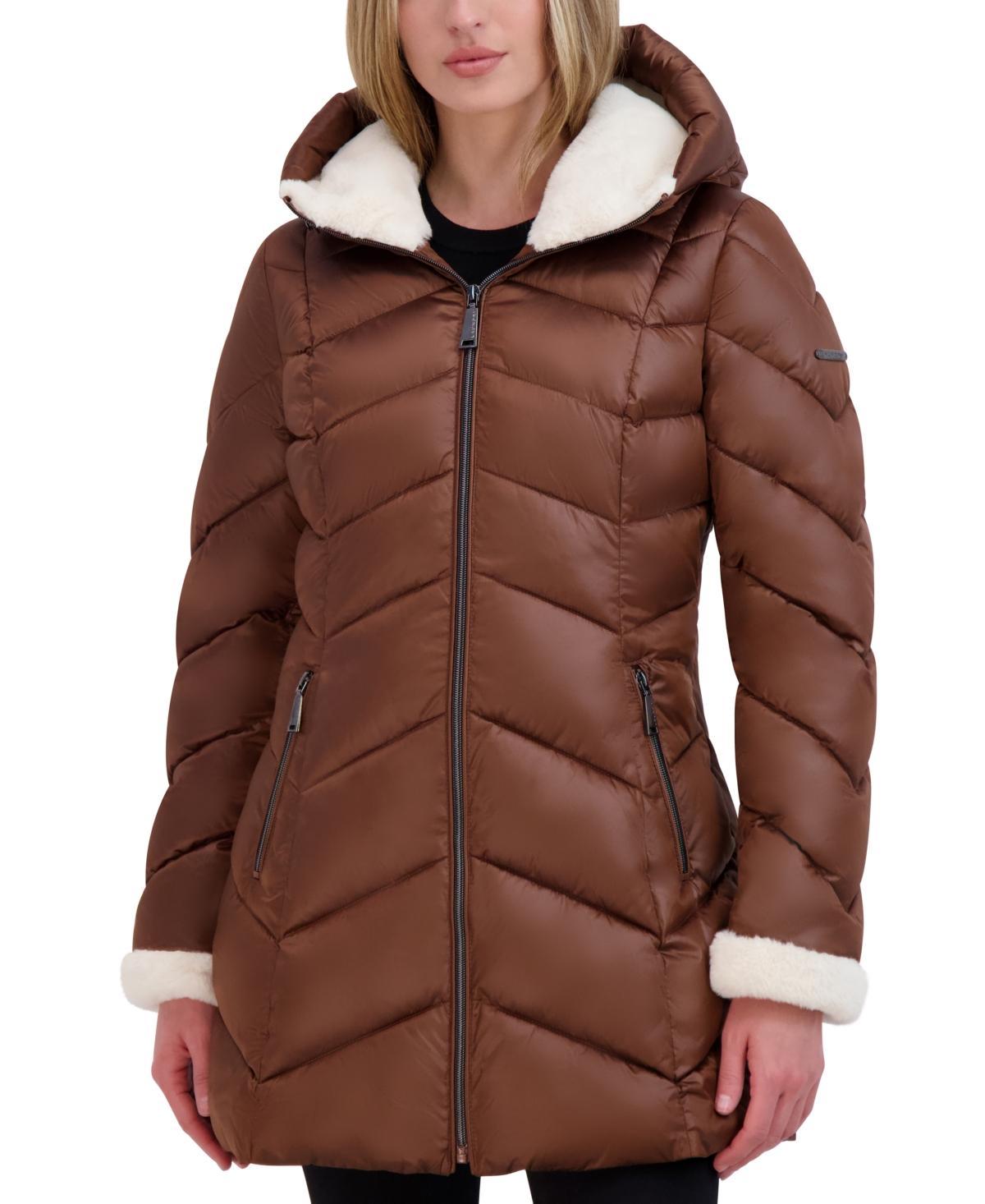 Laundry by Shelli Segal Womens Shine Faux-Fur-Trim Hooded Puffer Coat Product Image