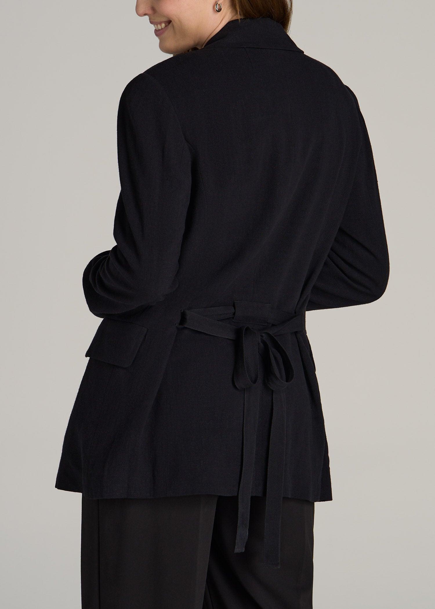 Linen Blend Tie Back Blazer For Tall Women in Black Product Image