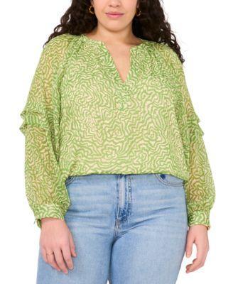 Plus Size Printed Long-Puff-Sleeve Blouse  Product Image