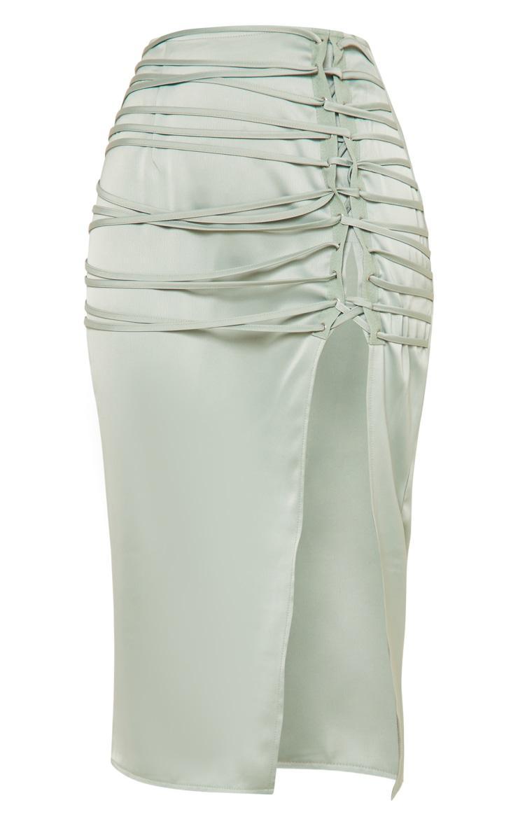 Sage Khaki Satin Lace Up Back Midi Skirt Product Image