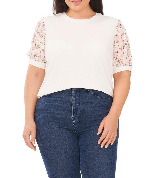 CeCe Plus Size Floral Print Short Clip Dot Puff Sleeve Top Product Image