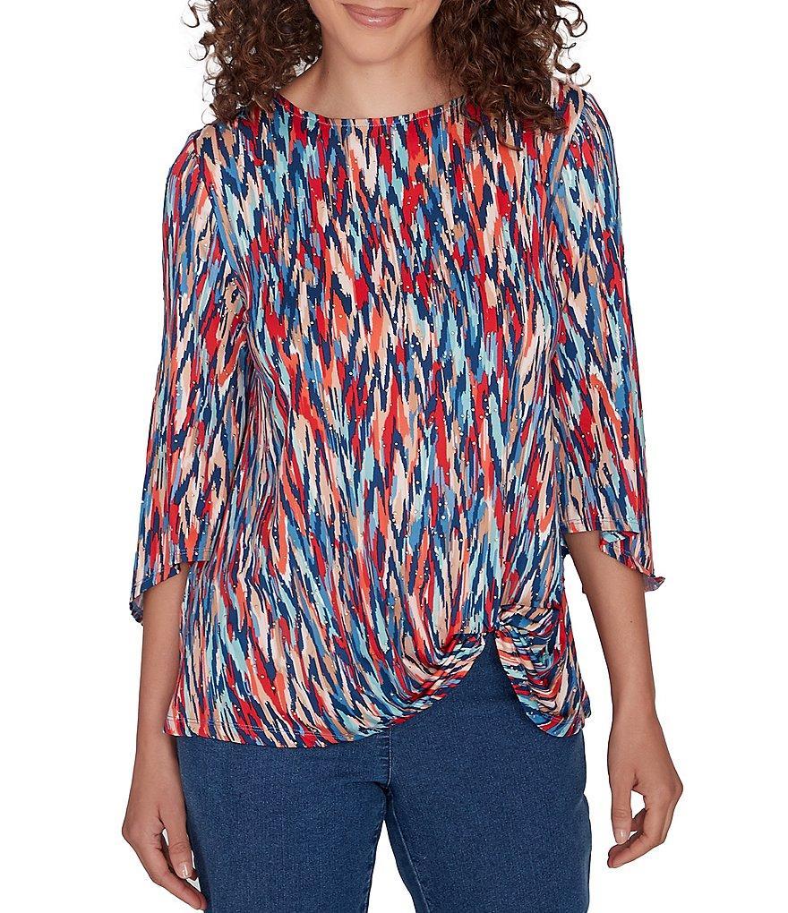 Ruby Rd. Knit Ikat Print Crew Neck 3/4 Sleeve Twist Front Hem Dew Drop Accent Detail Top Product Image