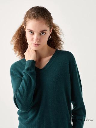 Womens Cashmere Sweater V-Neck Dark Green Small UNIQLO US Product Image