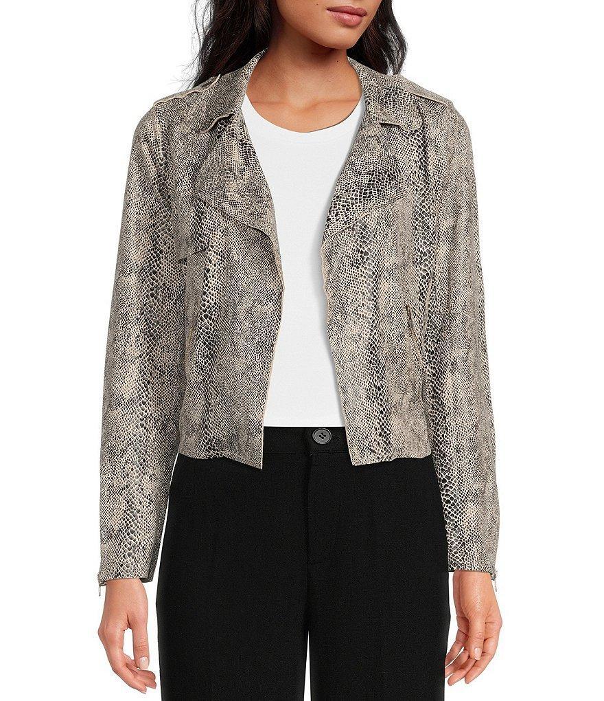 Skies Are Blue Soft Faux Suede Snake Print Notch Lapel Long Sleeve Open Front Moto Statement Jacket Product Image