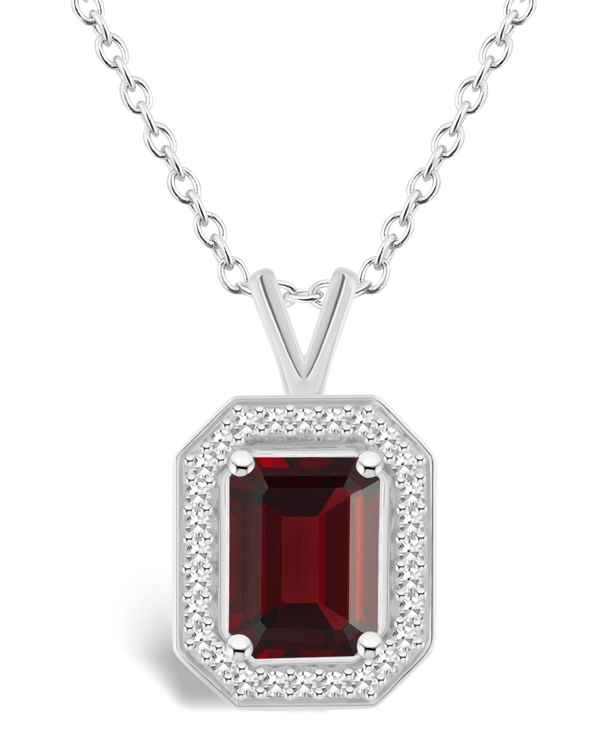 Celebration Gems Sterling Silver Emerald Cut Gemstone & 1/8 Carat T.W. Diamond Halo Pendant Necklace, Womens Red Product Image