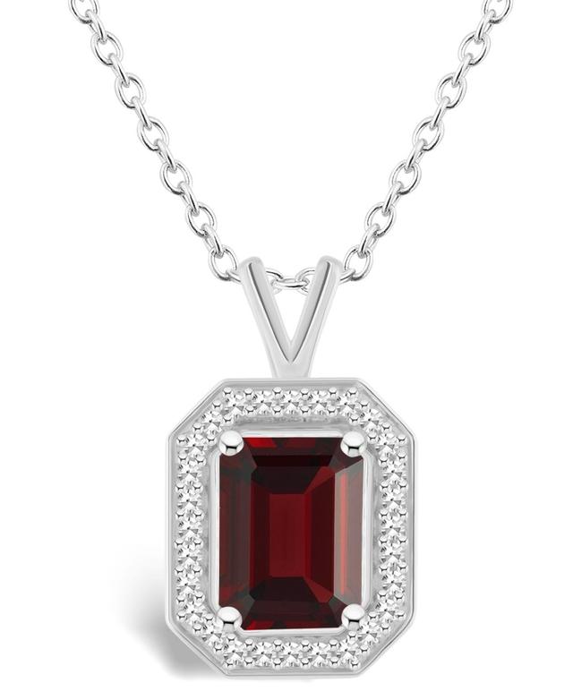 Celebration Gems Sterling Silver Emerald Cut Gemstone & 1/8 Carat T.W. Diamond Halo Pendant Necklace, Womens Red Product Image