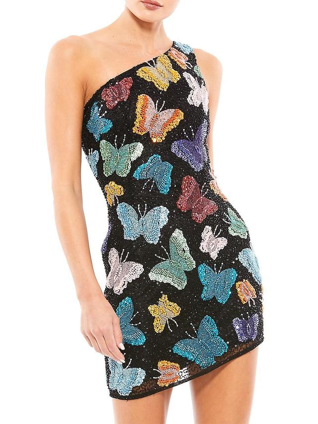 Mac Duggal Sequin Butterfly Sleeveless One Shoulder Asymmetrical Hemline Mini Dress Product Image