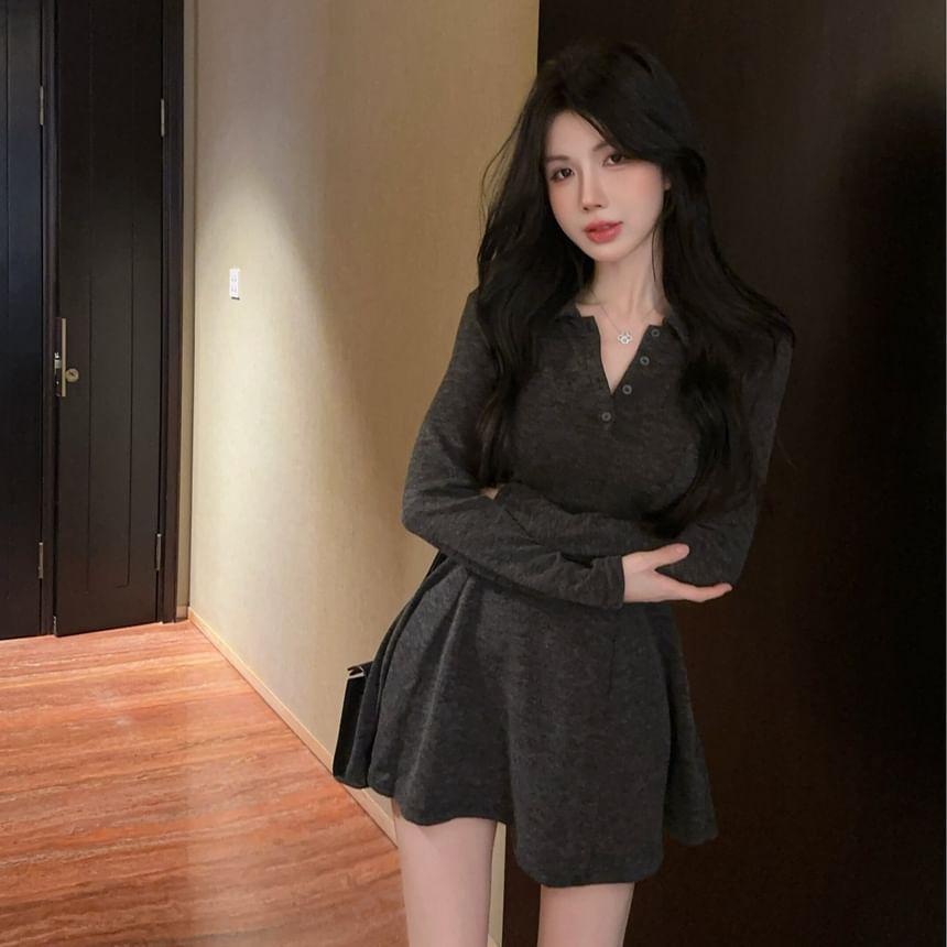 Long-Sleeve Collar Henley Mini A-Line Dress Product Image