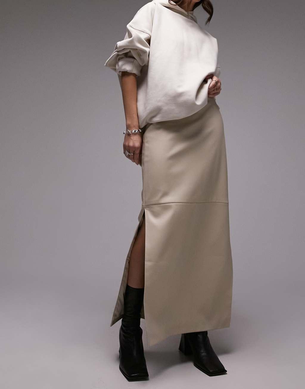 Topshop leather look clean bias maxi skirt in neutral Product Image