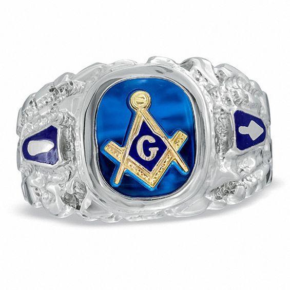 Men's Lab-Created Blue Sapphire and Enamel Comfort Fit Masonic Ring in Sterling Silver Product Image