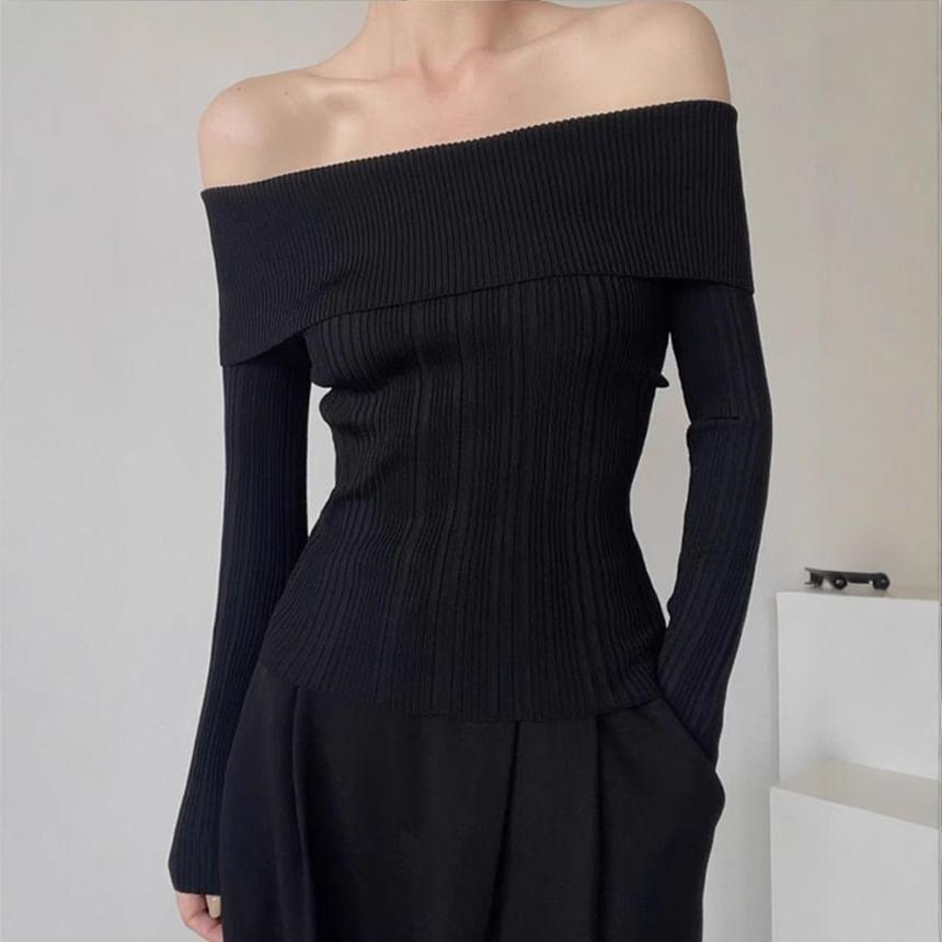 Long Sleeve Off Shoulder Plain Ribbed Knit Top Product Image